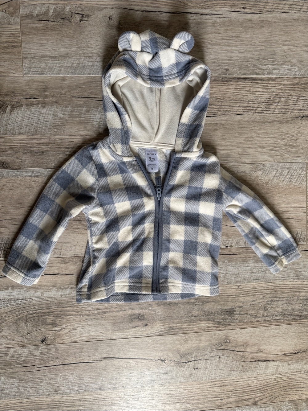 Carter's Cream & Gray Plaid Fleece Hooded Jacket - Size 9m